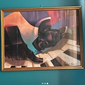 Abstract black art piano player black man (with frame)